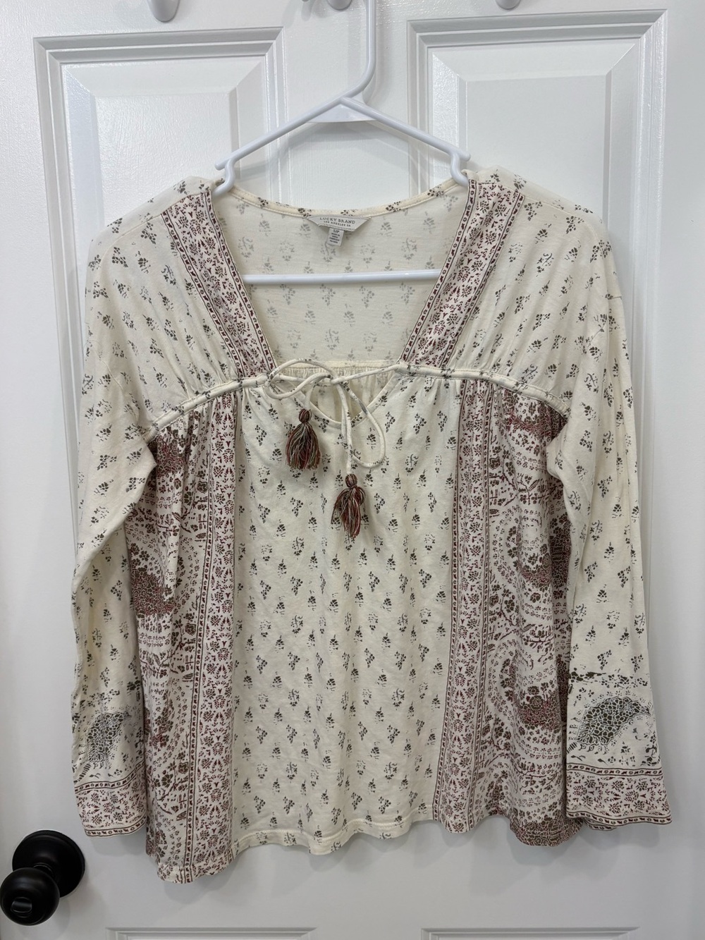 Lucky Brand Cream and Brown Boho Tassel Peasant Blouse